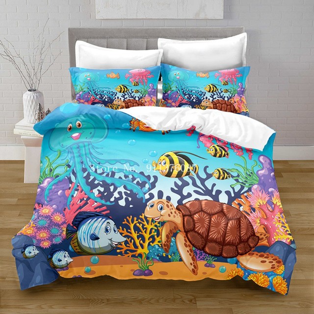 Zestaw pościeli Życie morskie Queen niebieski rozmiar król podwójne łóżko pełna urocze wzory morskie - Wianko - 13