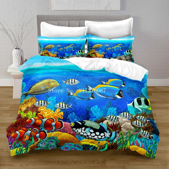 Zestaw pościeli Życie morskie Queen niebieski rozmiar król podwójne łóżko pełna urocze wzory morskie - Wianko - 14