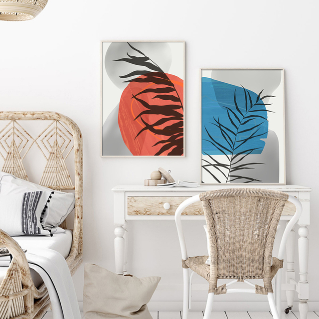 Obraz na płótnie z minimalistycznym kolorowym tłem, liśćmi roślinami i motywem Nordic, idealny do dekoracji salonu - Wianko - 2