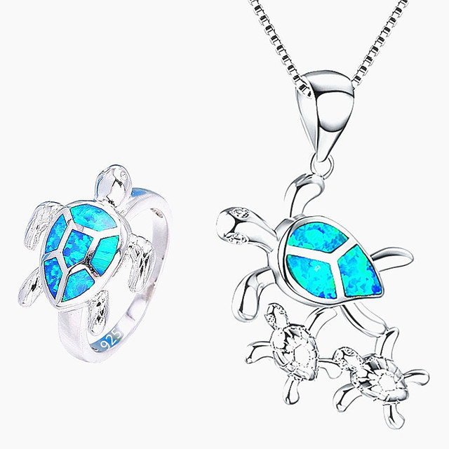Naszyjnik metalowy z wypełnionym niebieskim imitacją opalu wisiorkiem w kształcie żółwia morskiego dla kobiet - biżuteria plażowa - Wianko - 1