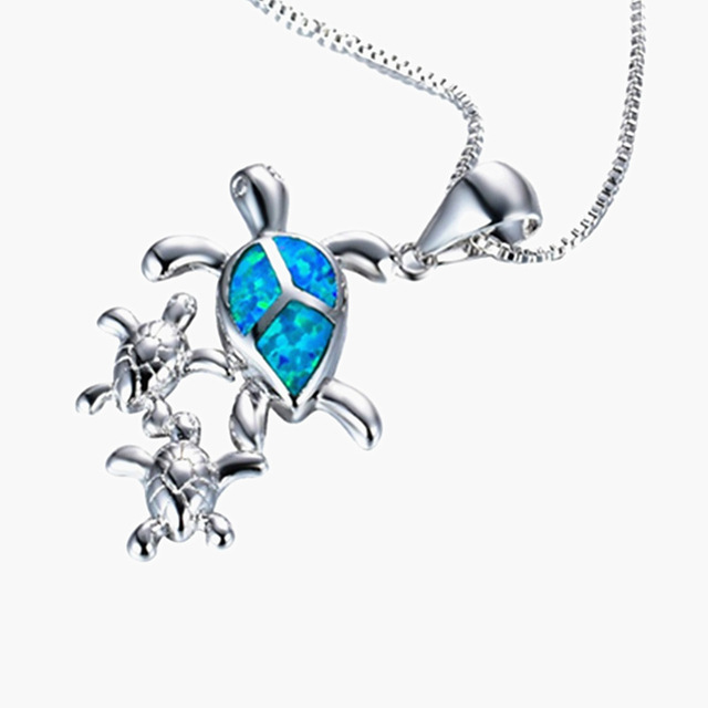 Naszyjnik metalowy z wypełnionym niebieskim imitacją opalu wisiorkiem w kształcie żółwia morskiego dla kobiet - biżuteria plażowa - Wianko - 3