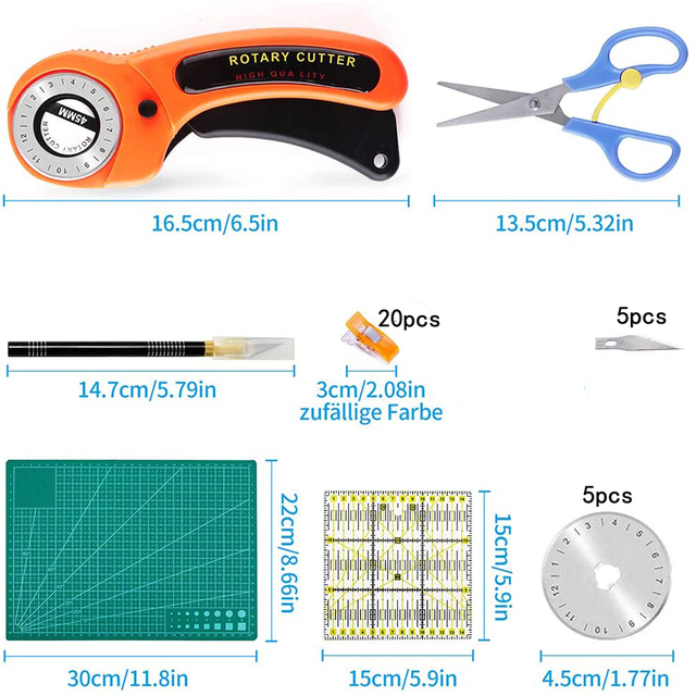 Nóż obrotowy 45 mm zestaw 5 ostrzy, mata i linijka do cięcia papieru i tkanin - akcesoria do szycia - Wianko - 2