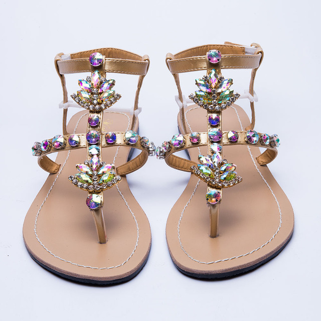 Kobiece Sandały Boho na lato 2020 z diamentowymi cyrkoniami, t-strap i błyszczącymi kryształami - Wianko - 4