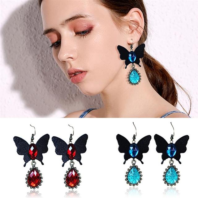 Kolczyki wiszące damskie z niebieskim czerwonym kryształem w stylu vintage i motywem motylek - Wianko - 1