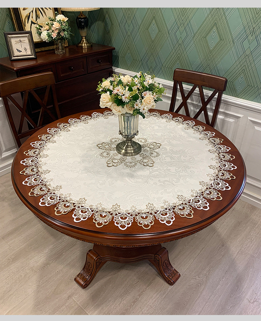 Luksusowy obrus amerykański, wysokiej klasy mata na stół, wykonana z europejskiej koronki, idealna na okrągły stół, w jednolitym kolorze - Wianko - 10