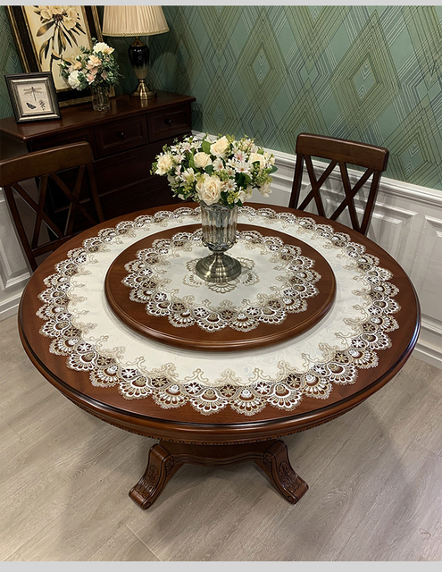 Luksusowy obrus amerykański, wysokiej klasy mata na stół, wykonana z europejskiej koronki, idealna na okrągły stół, w jednolitym kolorze - Wianko - 14