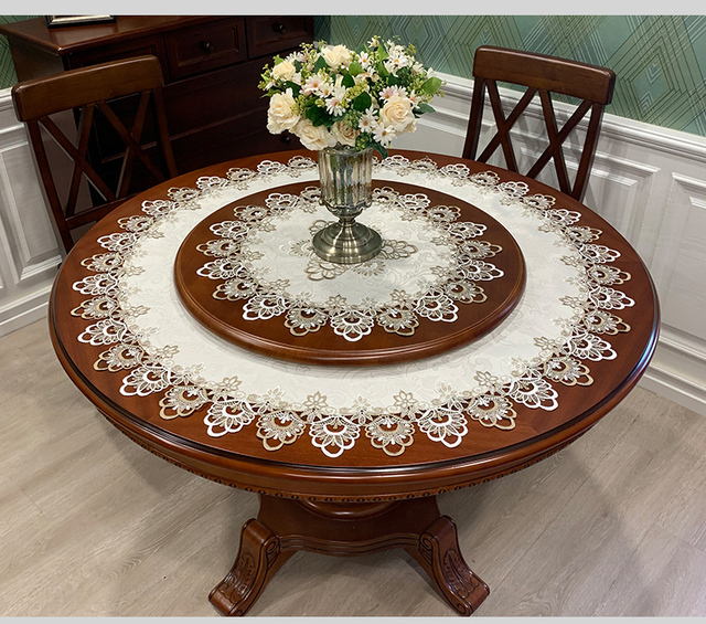 Luksusowy obrus amerykański, wysokiej klasy mata na stół, wykonana z europejskiej koronki, idealna na okrągły stół, w jednolitym kolorze - Wianko - 11