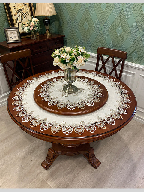 Luksusowy obrus amerykański, wysokiej klasy mata na stół, wykonana z europejskiej koronki, idealna na okrągły stół, w jednolitym kolorze - Wianko - 8