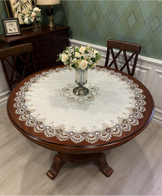 Luksusowy obrus amerykański, wysokiej klasy mata na stół, wykonana z europejskiej koronki, idealna na okrągły stół, w jednolitym kolorze - Wianko - 3