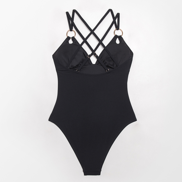 Jednoczęściowy strój kąpielowy CUPSHE Solid Black V-neck z o-ringiem dla kobiet, 2021 Monokini w kratkę z powrotem - plażowe kostiumy kąpielowe - Wianko - 7