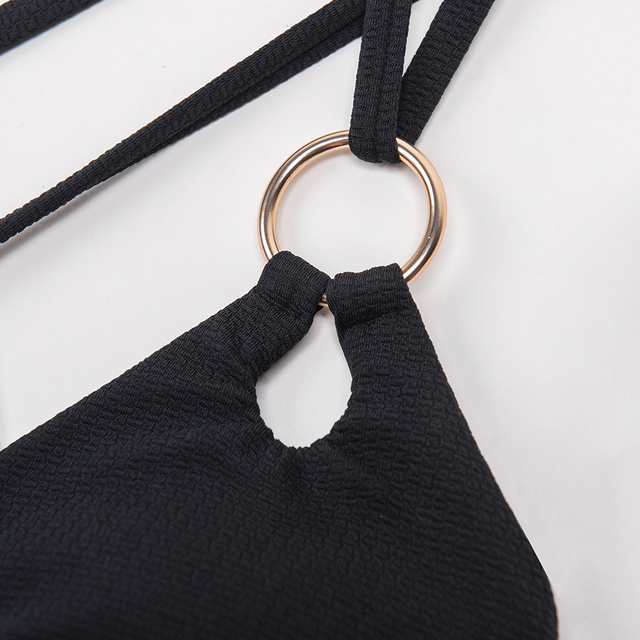 Jednoczęściowy strój kąpielowy CUPSHE Solid Black V-neck z o-ringiem dla kobiet, 2021 Monokini w kratkę z powrotem - plażowe kostiumy kąpielowe - Wianko - 8