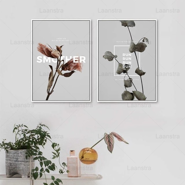 Minimalistyczny plakat skandynawski z suchymi kwiatami i liśćmi - obraz ścienny na płótnie do dekoracji wnętrz salonu - Wianko - 1