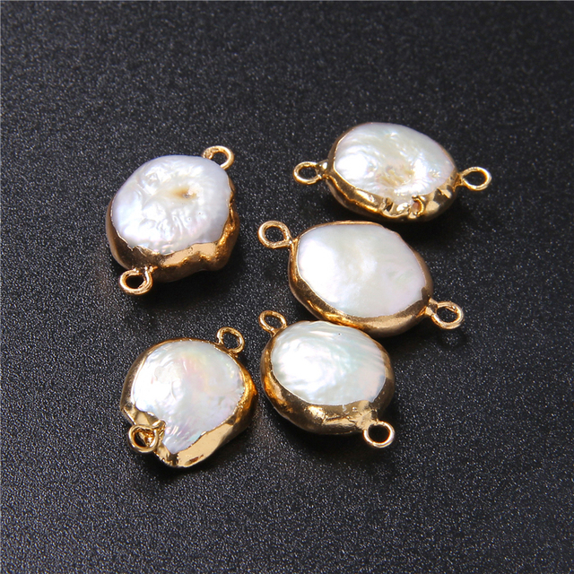 Wisiorek białych naturalnych pereł, złote obramowanie, moneta płaska, podwójny otwór - akcesoria do DIY biżuterii - Wianko - 14