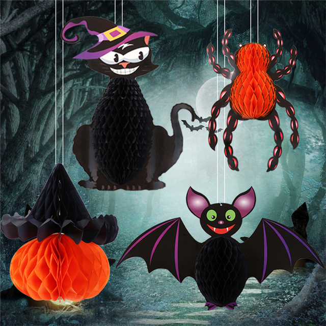 Wisiorek dekoracyjny Halloween z motywem nietoperza, kotka i plastra miodu - Wianko - 1