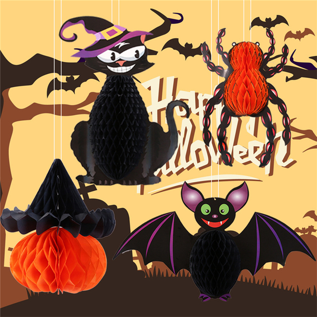 Wisiorek dekoracyjny Halloween z motywem nietoperza, kotka i plastra miodu - Wianko - 2
