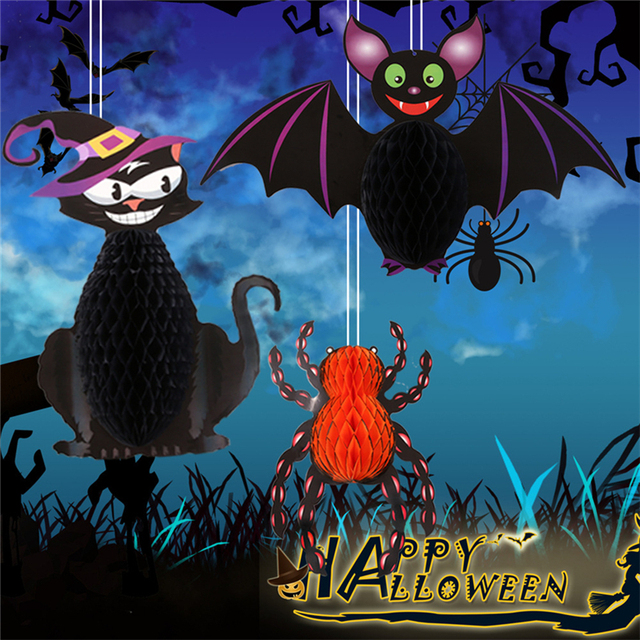 Wisiorek dekoracyjny Halloween z motywem nietoperza, kotka i plastra miodu - Wianko - 3