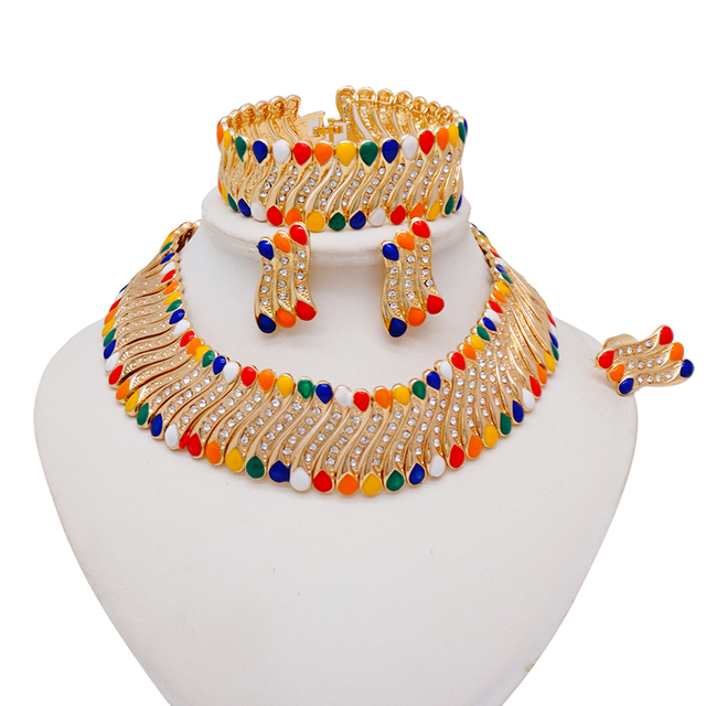 Zestaw biżuterii ślubnej dubaj Bridal - naszyjnik, bransoletka, kolczyki, pierścień z koralików afrykańskich - Wianko - 1