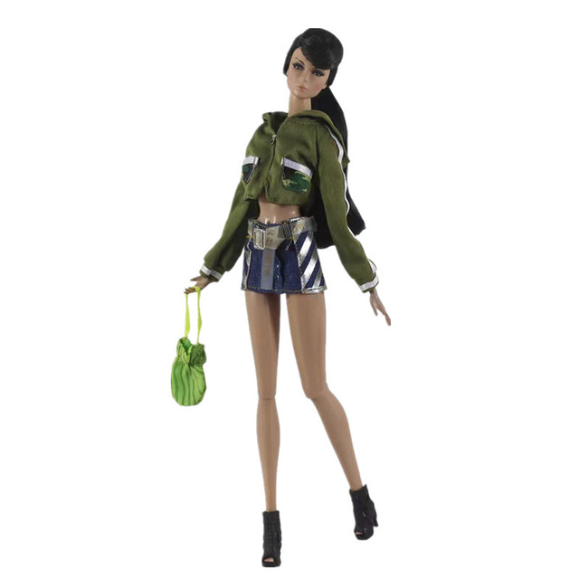 Zestaw ubrań dla lalek Barbie: Zielona bluza z kapturem, krótka bluza, płaszcz, spódnica jeansowa, torba 1/6 akcesoria - Wianko - 1