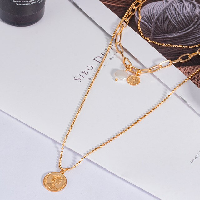 Wielowarstwowy naszyjnik dla kobiet z monetami w stylu vintage, geometryczne złoto, boho moda, łańcuch masywny - Wianko - 7