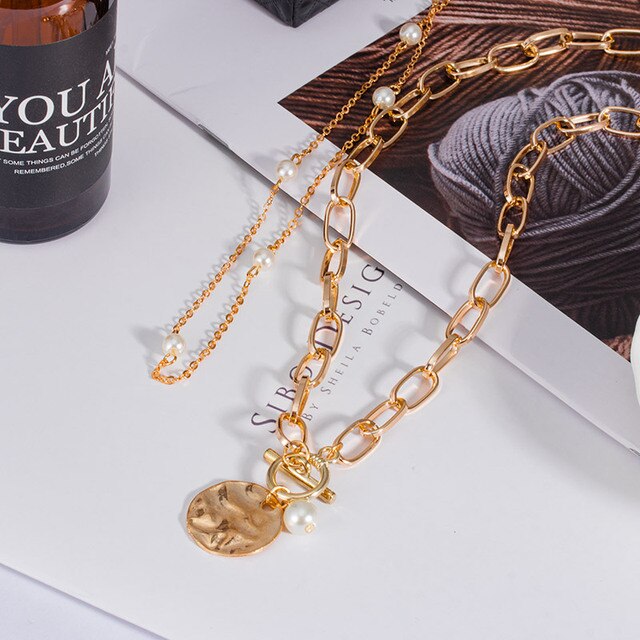 Wielowarstwowy naszyjnik dla kobiet z monetami w stylu vintage, geometryczne złoto, boho moda, łańcuch masywny - Wianko - 1