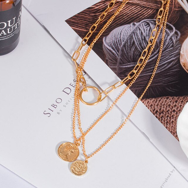 Wielowarstwowy naszyjnik dla kobiet z monetami w stylu vintage, geometryczne złoto, boho moda, łańcuch masywny - Wianko - 11