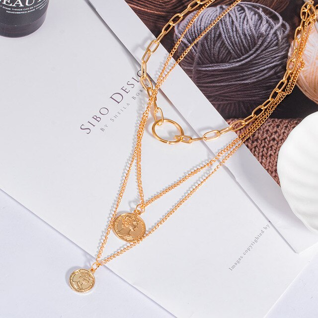Wielowarstwowy naszyjnik dla kobiet z monetami w stylu vintage, geometryczne złoto, boho moda, łańcuch masywny - Wianko - 10