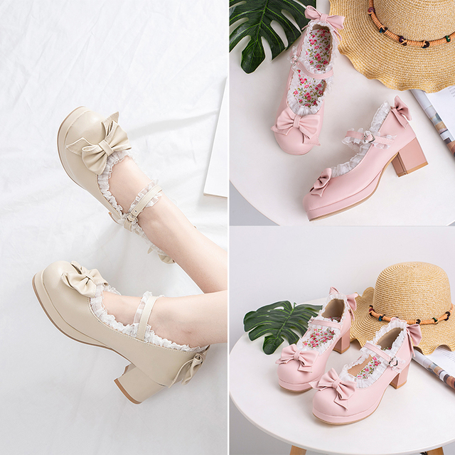 Słodkie Lolita Ruffles - koronkowe buty ślubne na szpilce z kokardkami dla dziewczyn i kobiet (różowy, rozmiar 34-48) - Wianko - 10