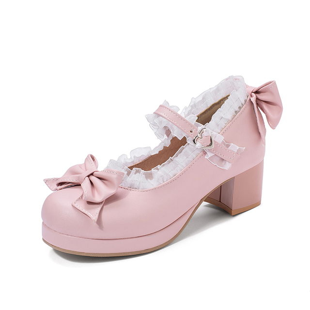 Słodkie Lolita Ruffles - koronkowe buty ślubne na szpilce z kokardkami dla dziewczyn i kobiet (różowy, rozmiar 34-48) - Wianko - 17