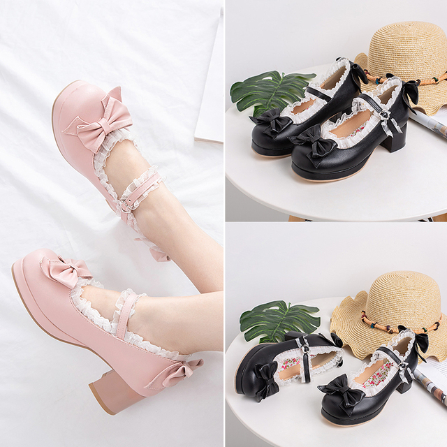 Słodkie Lolita Ruffles - koronkowe buty ślubne na szpilce z kokardkami dla dziewczyn i kobiet (różowy, rozmiar 34-48) - Wianko - 12
