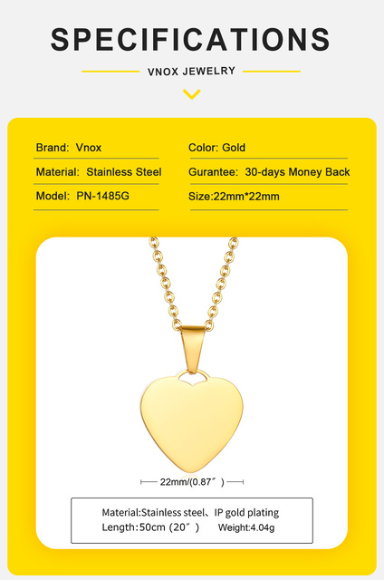 Naszyjnik Vnox z konfigurowalnym sercem ze stali nierdzewnej, złoty kolor - rocznicowy prezent dla niej - Wianko - 7