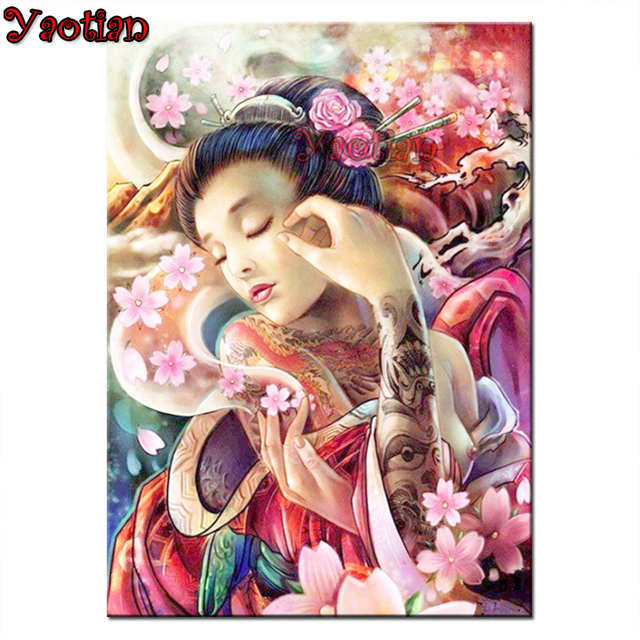 Haft diamentowy - Kwiat wiśni - 5D - Mozaika - Portret - Prezent - Dekoracja wnętrza - Japońska dziewczyna - Wianko - 2