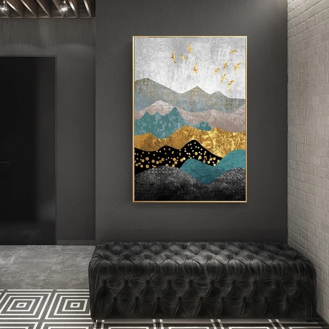 Obraz na płótnie nordycki krajobraz Mountain Gold Birds - plakat do salonu, dekoracja ściany, malarstwo i kaligrafia - Wianko - 5