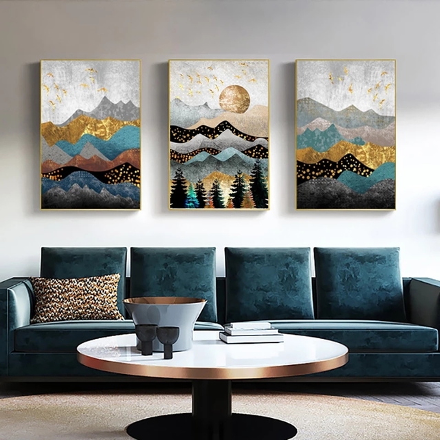 Obraz na płótnie nordycki krajobraz Mountain Gold Birds - plakat do salonu, dekoracja ściany, malarstwo i kaligrafia - Wianko - 3