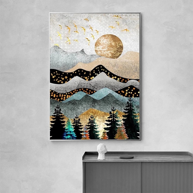 Obraz na płótnie nordycki krajobraz Mountain Gold Birds - plakat do salonu, dekoracja ściany, malarstwo i kaligrafia - Wianko - 6