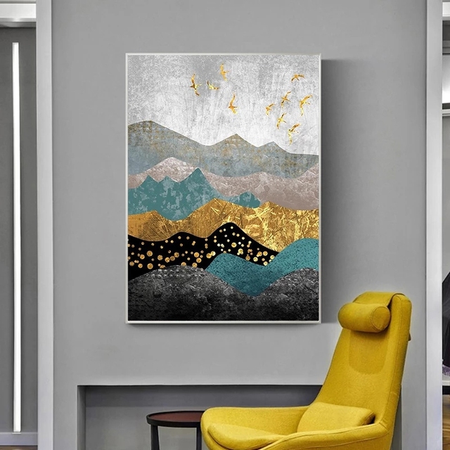 Obraz na płótnie nordycki krajobraz Mountain Gold Birds - plakat do salonu, dekoracja ściany, malarstwo i kaligrafia - Wianko - 7