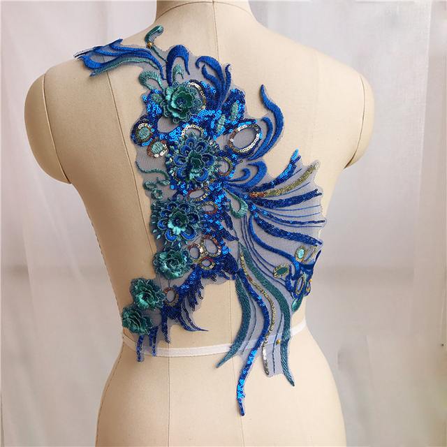 Koronka w kolorze niebieskim z cekinowym wykończeniem i wzorami aplikacji sukienkowymi na suknię balową i ślubną - DIY Party - Wianko - 4