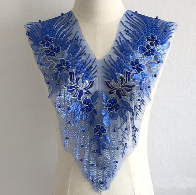 Koronka w kolorze niebieskim z cekinowym wykończeniem i wzorami aplikacji sukienkowymi na suknię balową i ślubną - DIY Party - Wianko - 5