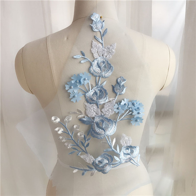 Koronka w kolorze niebieskim z cekinowym wykończeniem i wzorami aplikacji sukienkowymi na suknię balową i ślubną - DIY Party - Wianko - 7