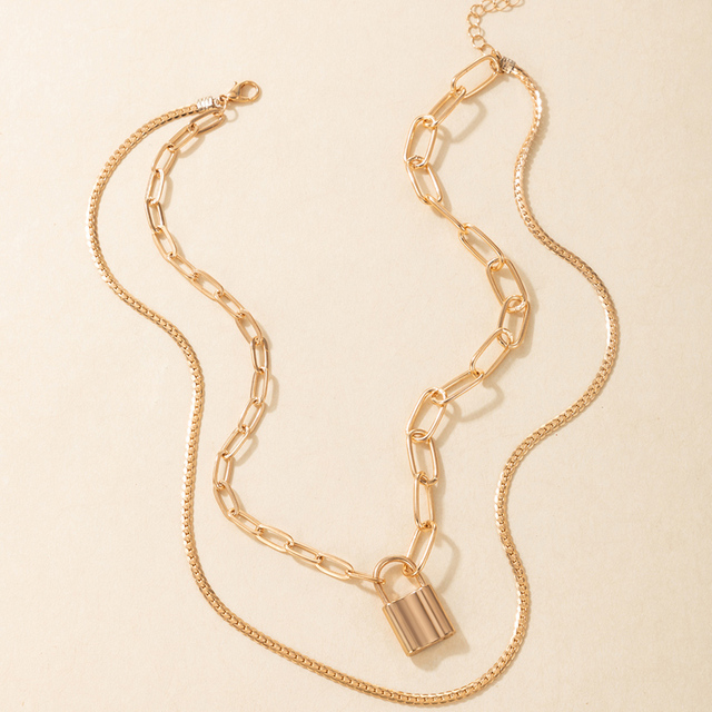 Naszyjnik z kubańskim łańcuszkiem i zamkiem w stylu punk, ze złotym geometrycznym metalowym pandentem - damska biżuteria kołnierz 17533 - Wianko - 5