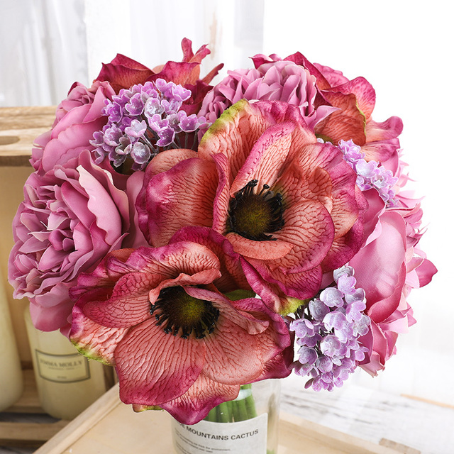 Sztuczny bukiet kwiatów Poppy piwonie - dekoracja ślubna i wnętrz - Wianko - 3