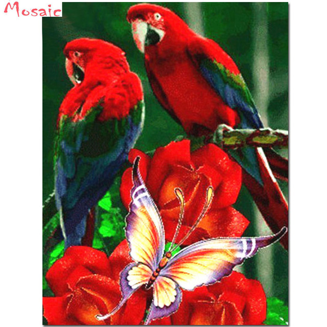 Pełna Plac / Okrągłe 5D Obraz Diamentowy - DIY Haft Krzyżykowy - Papuga, Ptak, Motyl, Kwiat - Wianko - 2
