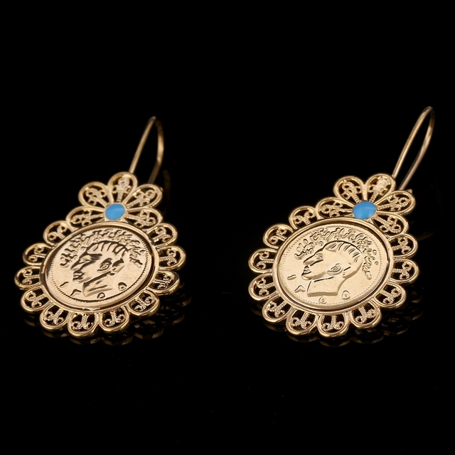 Kolczyki wiszące z monety Iranu w złotym kolorze - biżuteria dla kobiet z irańskimi i arabskimi detalami - Wianko - 1