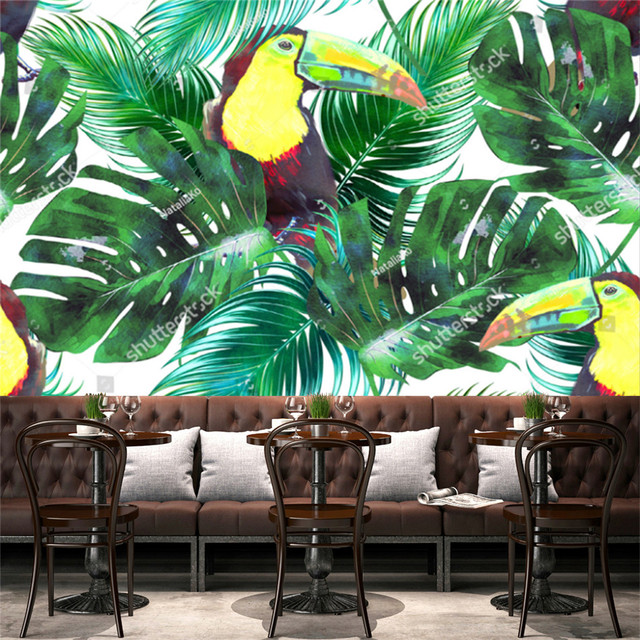 Tapeta do salonu z motywem tropikalnej dżungli - liść palmowy na tle Telewizor Sofa - dekoracja wnętrz sypialni - Wianko - 9
