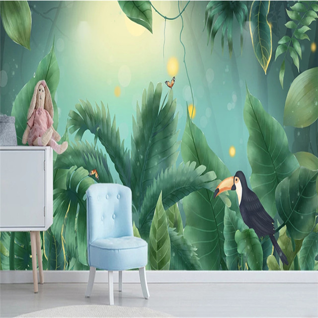 Tapeta do salonu z motywem tropikalnej dżungli - liść palmowy na tle Telewizor Sofa - dekoracja wnętrz sypialni - Wianko - 8