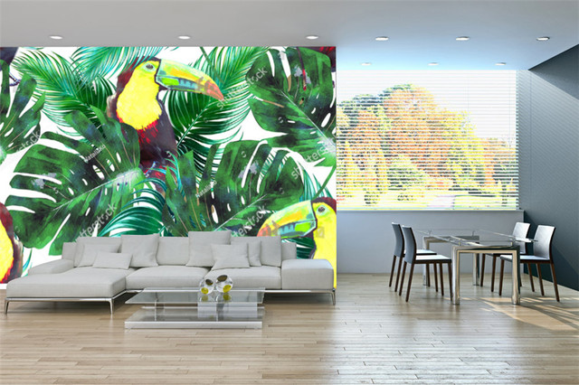 Tapeta do salonu z motywem tropikalnej dżungli - liść palmowy na tle Telewizor Sofa - dekoracja wnętrz sypialni - Wianko - 11