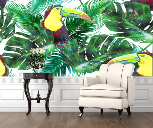 Tapeta do salonu z motywem tropikalnej dżungli - liść palmowy na tle Telewizor Sofa - dekoracja wnętrz sypialni - Wianko - 13