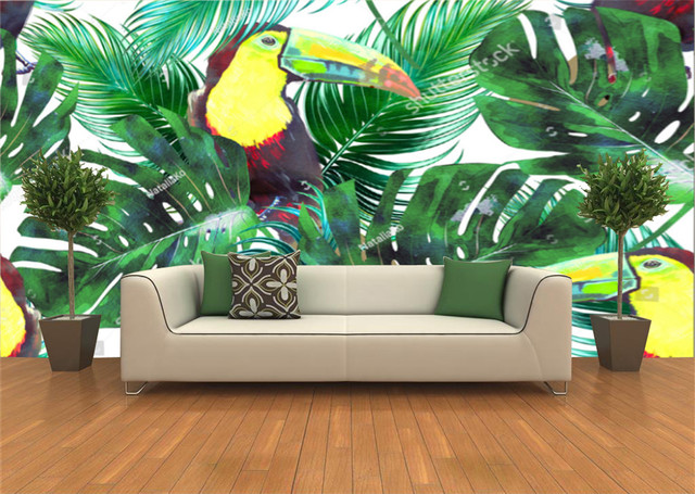 Tapeta do salonu z motywem tropikalnej dżungli - liść palmowy na tle Telewizor Sofa - dekoracja wnętrz sypialni - Wianko - 10