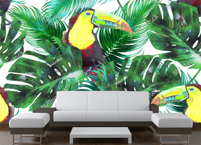 Tapeta do salonu z motywem tropikalnej dżungli - liść palmowy na tle Telewizor Sofa - dekoracja wnętrz sypialni - Wianko - 12