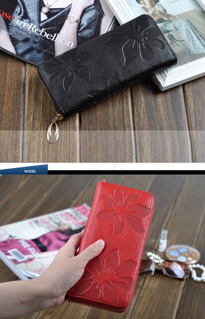 Zency portfel długi ze skóry naturalnej dla kobiet z kwiatowym wzorem, uchwyt na karty kredytowe i monety - Wianko - 2
