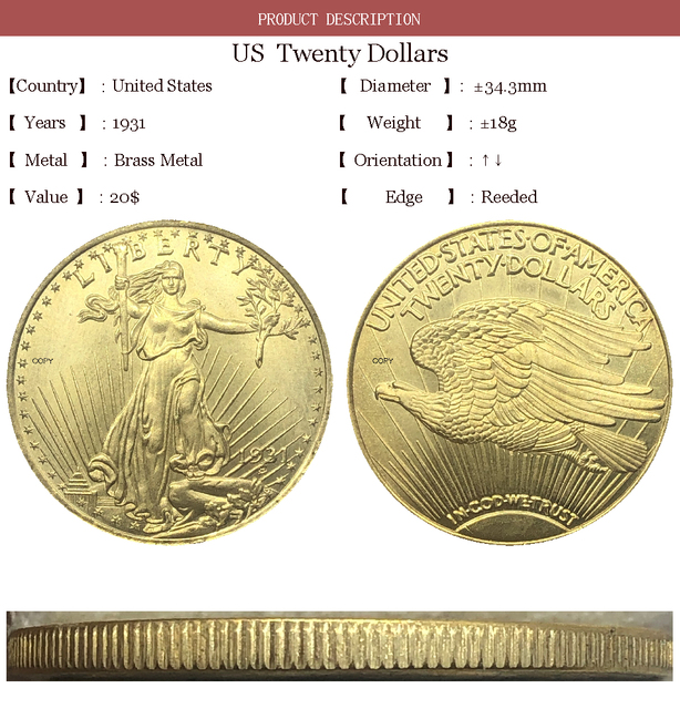 Ameryka 1931 Dwudziestodolarówka Liberty Saint Gaudens Double Eagle z mottem W Bogu ufamy - kopia złotej monety - Wianko - 1